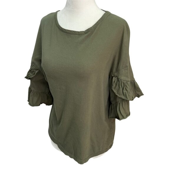 saks Fifth Avenue Army Green Ruffle Sleeve T-shirt Top Size XS - Picture 3 of 11